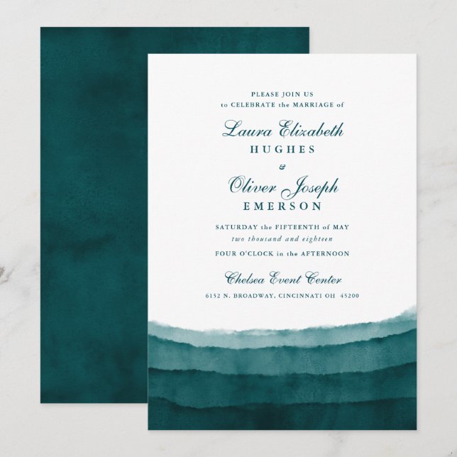 Invitaciones a la boda de acuarela Verde azulada e (Anverso / Reverso)