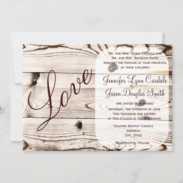 Invitaciones a la boda de amor a la madera de barb (Anverso)