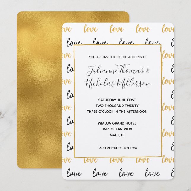 Invitaciones a la Boda de Amor Negro de Oro (Anverso / Reverso)