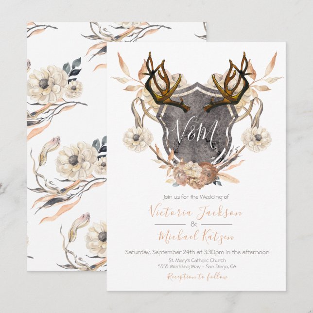 Invitaciones a la boda de Antler floral Escudo de  (Anverso / Reverso)