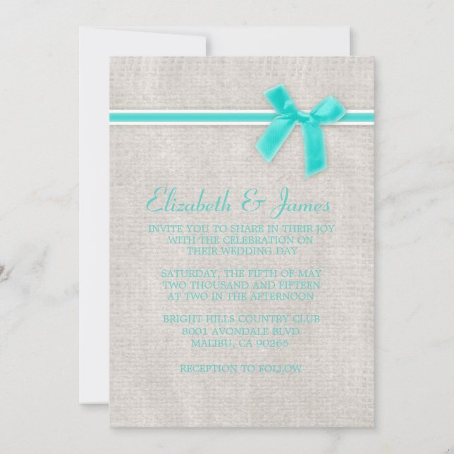 Invitaciones a la boda de Aqua Rustic Burlap (Anverso)