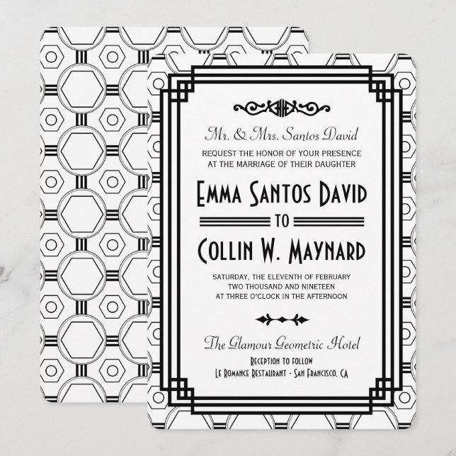 Invitaciones a la boda de Art Deco Blanco y Negro (Anverso / Reverso)