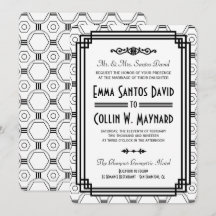 Invitaciones a la boda de Art Deco Blanco y Negro