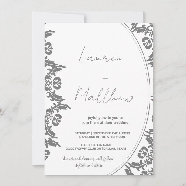 Invitaciones a la boda de arte blanco gris (Anverso)