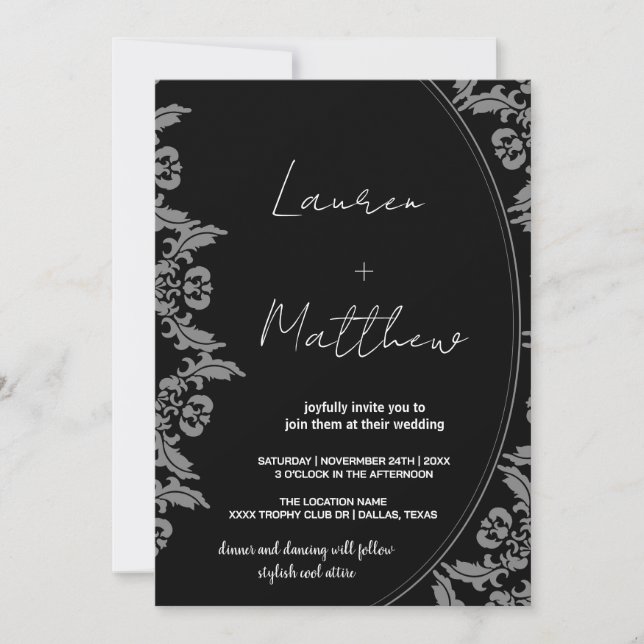 Invitaciones a la boda de arte blanco negro (Anverso)