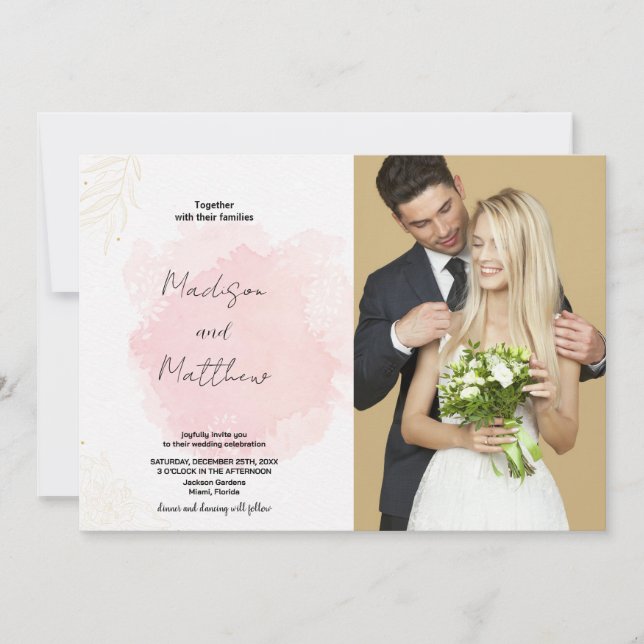 Invitaciones a la boda de arte rosa con foto (Anverso)