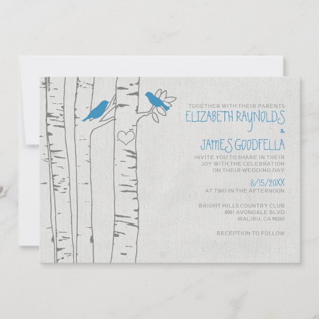 Invitaciones a la boda de aves azules (Anverso)