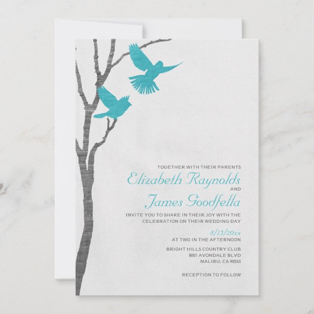 Invitaciones a la boda de aves azules antiguas (Anverso)