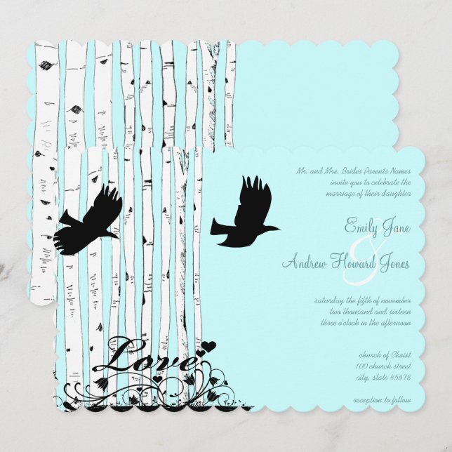 Invitaciones a la Boda de Aves Azules Aqua (Anverso / Reverso)