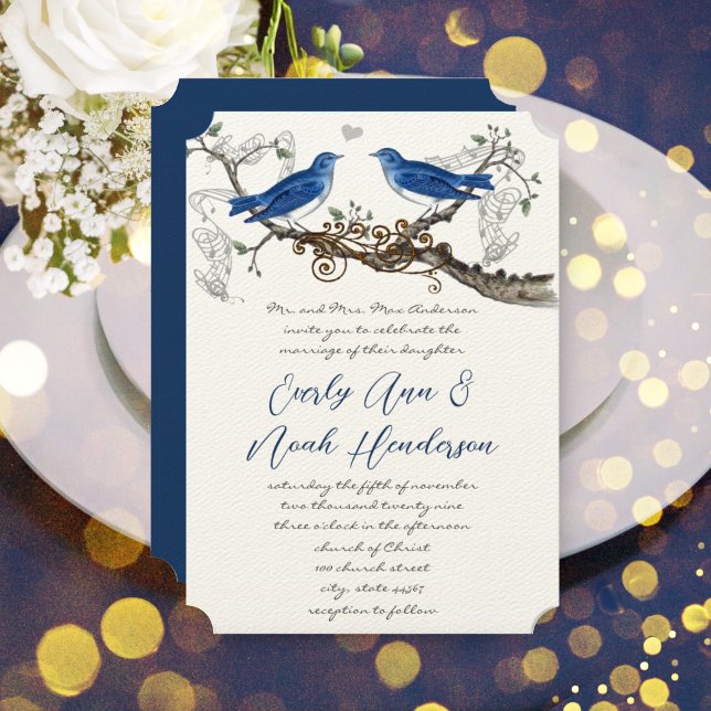 Invitaciones a la boda de aves azules de época (Subido por el creador)