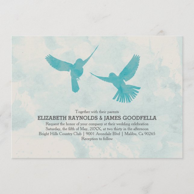 Invitaciones a la boda de aves azules vintage (Anverso)