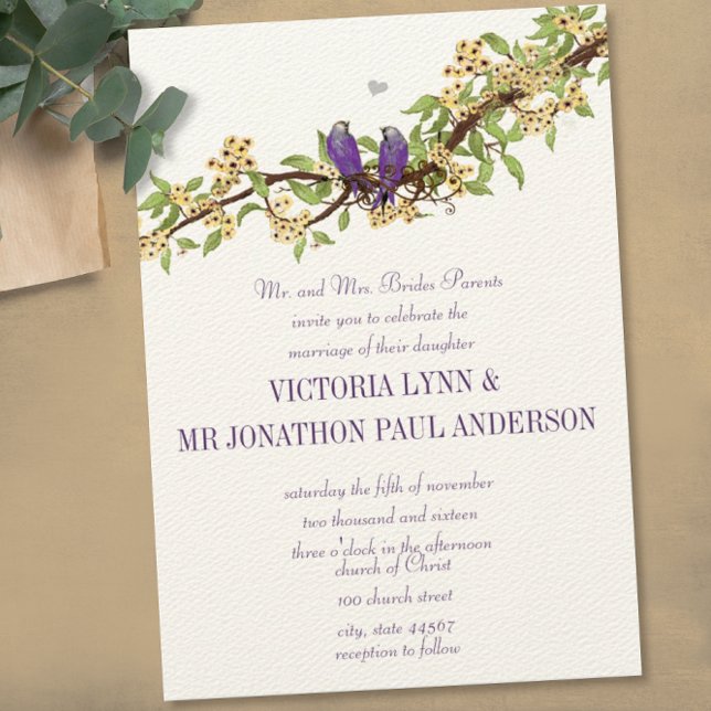 Invitaciones a la boda de aves con amor púrpura am (Subido por el creador)