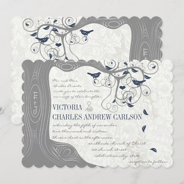 Invitaciones a la boda de aves de la Marina Gris c (Anverso / Reverso)