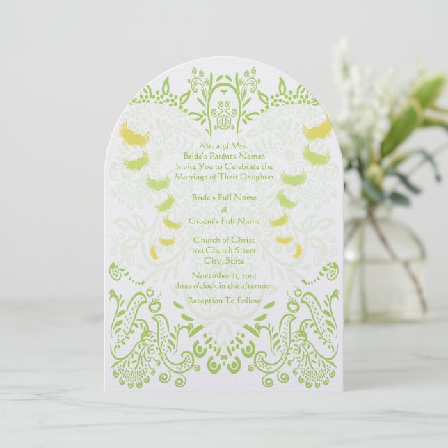 Invitaciones a la boda de aves Lime GreenWhimsical (Anverso de pie)