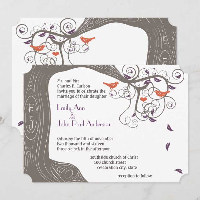 Invitaciones a la boda de aves Tangerine en árbol  (Anverso / Reverso)