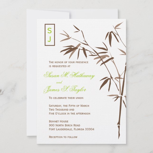 Invitaciones a la boda de bambú en monograma| Marr (Anverso)