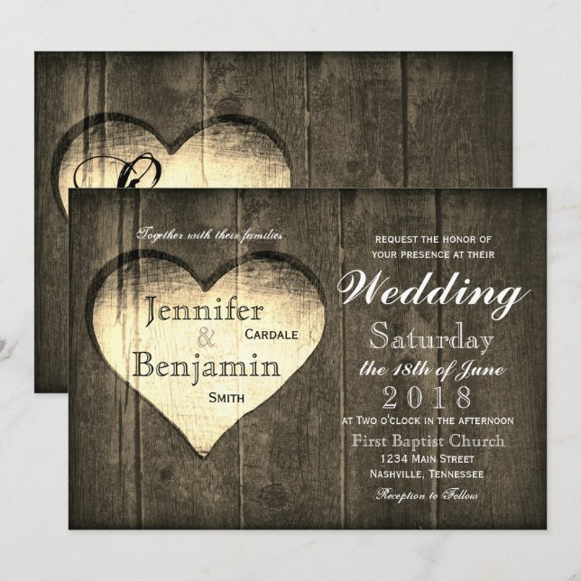 Invitaciones a la boda de Barn Wood Heart Country (Anverso / Reverso)
