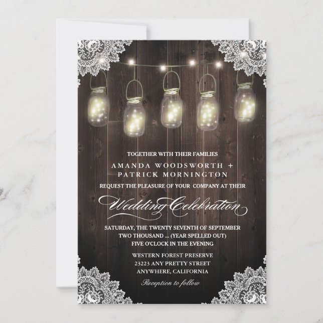 Invitaciones a la boda de Barn Wood y Lace Mason J (Anverso)