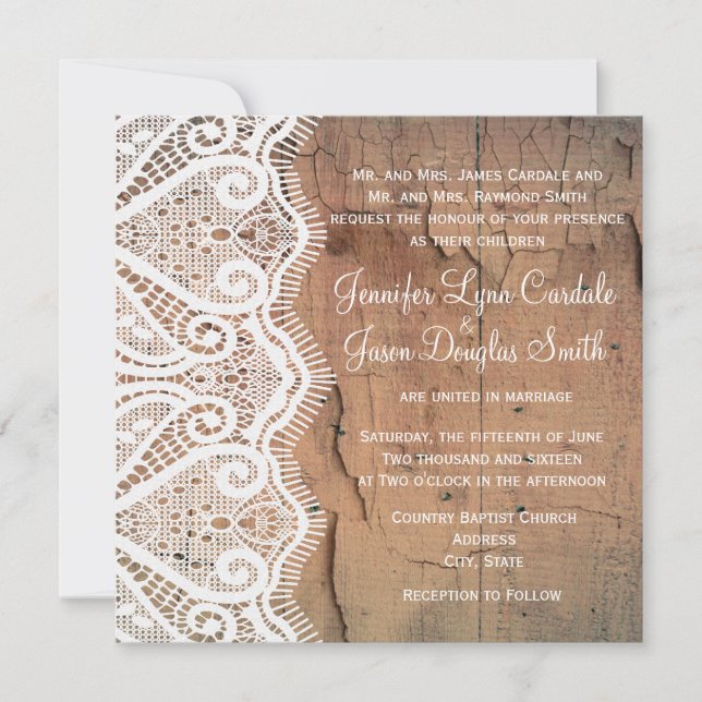 Invitaciones a la boda de Barn Wood y Lace Square (Anverso)