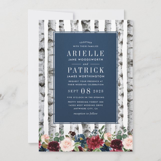 Invitaciones a la boda de Birch Trees Navy Blue Bu (Anverso)