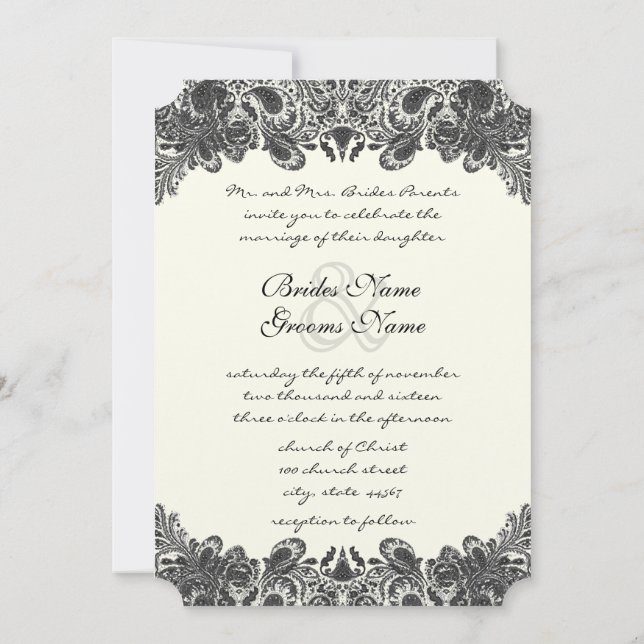 Invitaciones a la boda de Black and Ivory Paisley (Reverso)