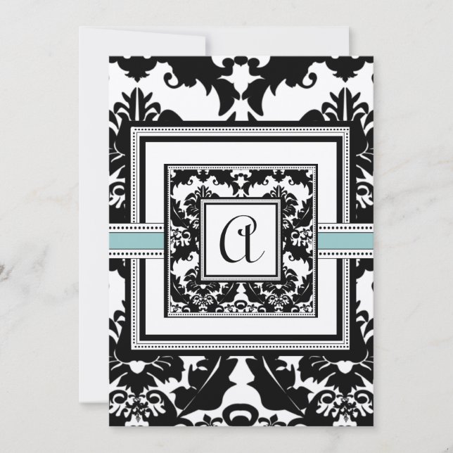 Invitaciones a la boda de Black Damask Aqua Trim H (Anverso)