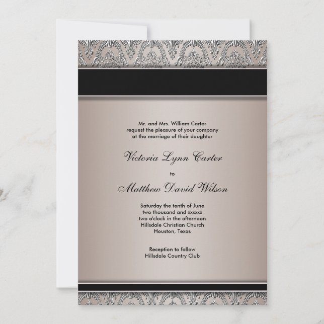 Invitaciones a la boda de Black Damask Taupe (Anverso)