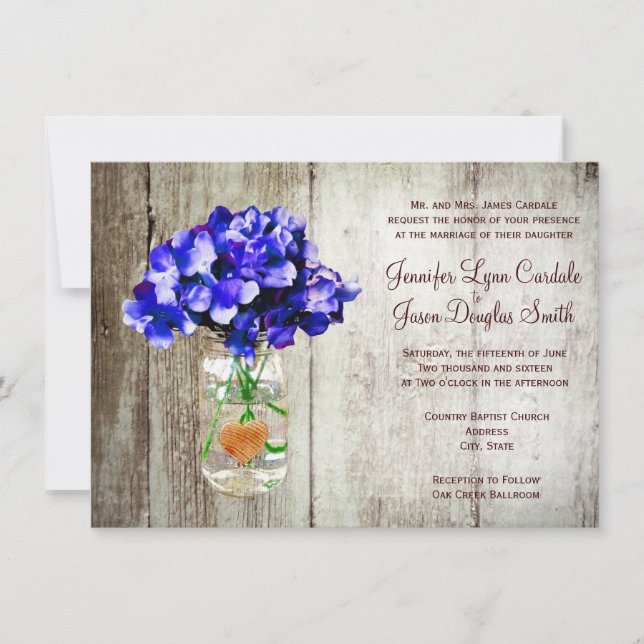 Invitaciones a la boda de Blue Hydrangea Mason Jar (Anverso)