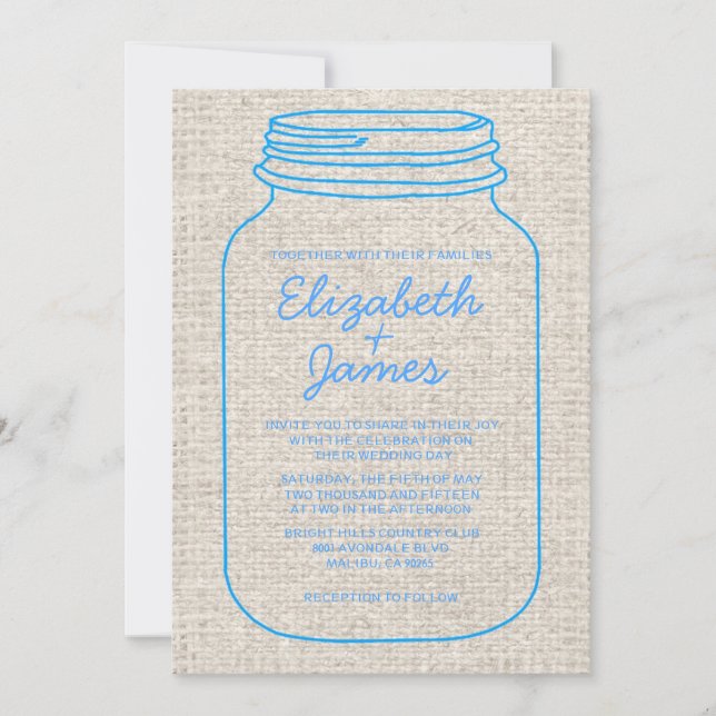 Invitaciones a la boda de Blue Rustic Burlap Mason (Anverso)