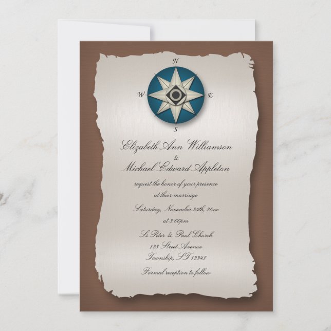 Invitaciones a la boda de brújula azul y marrón (Anverso)