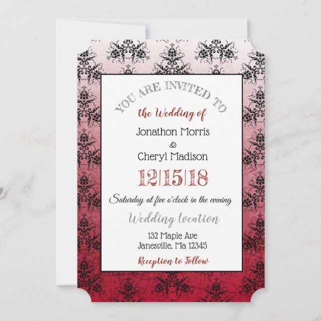 Invitaciones a la boda de Burgundy Black Damask Cl (Anverso)