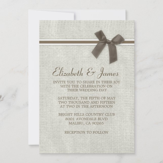 Invitaciones a la boda de Burlap de Rústico Marrón (Anverso)