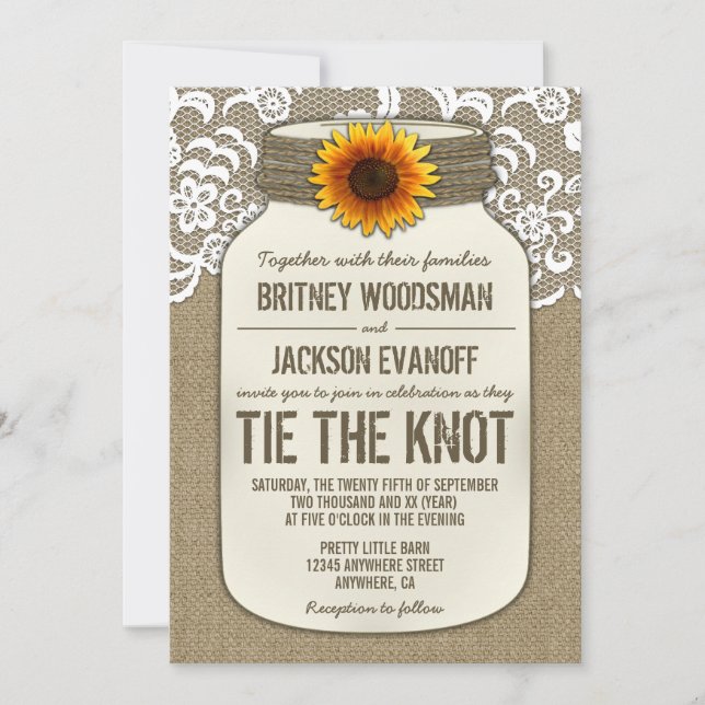 Invitaciones a la boda de Burlap Lace Mason Jar (Anverso)