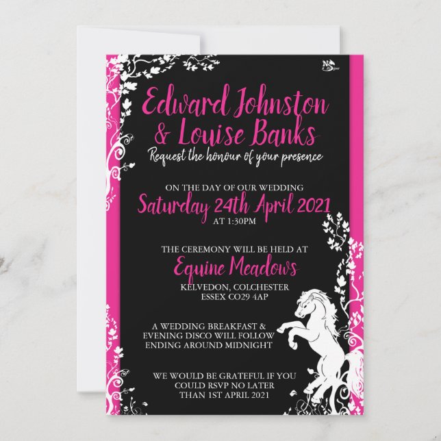 Invitaciones a la boda de caballos rosados y negro (Anverso)