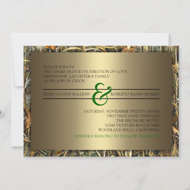 Invitaciones a la boda de Camo Verde y Oro (Anverso)