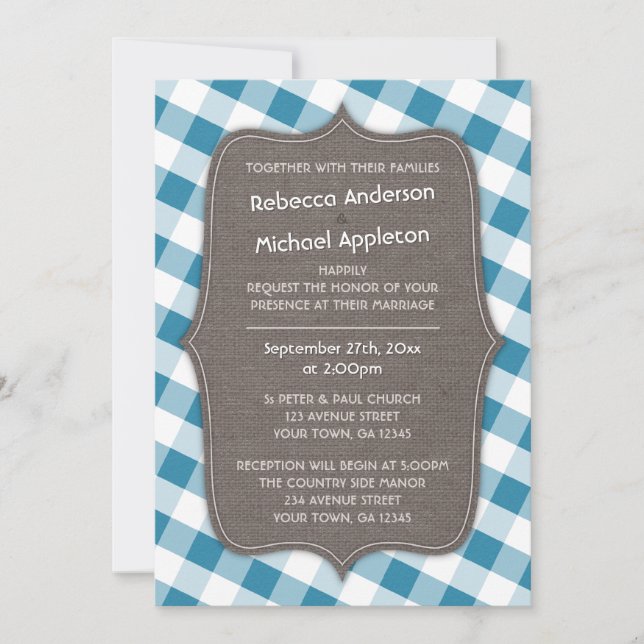Invitaciones a la boda de canvas de Gingham en bla (Anverso)