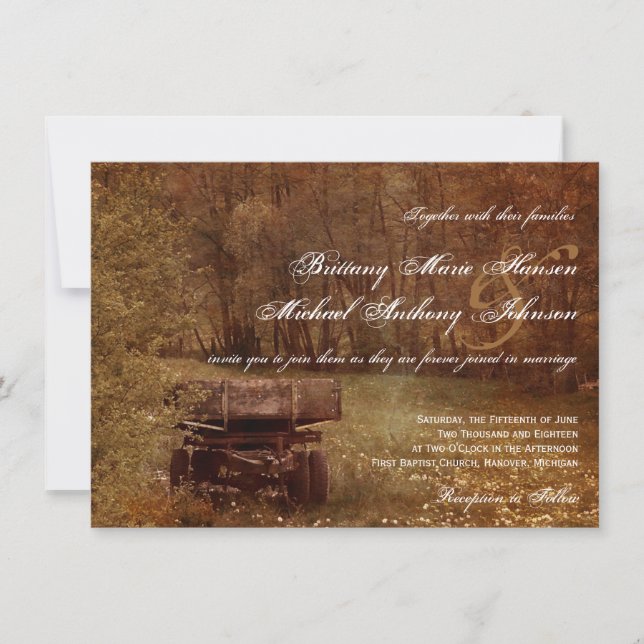 Invitaciones a la boda de carretas de campo rústic (Anverso)
