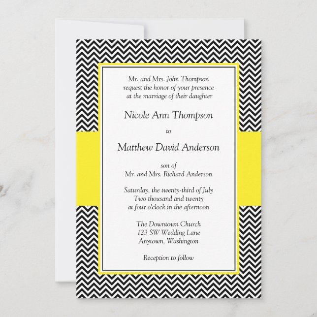 Invitaciones a la boda de Chevron amarillo y negro (Anverso)