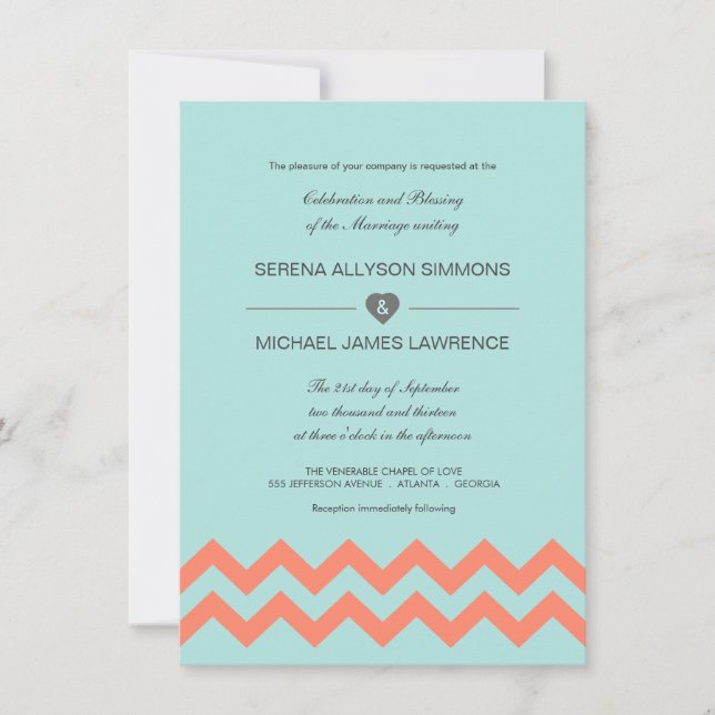 Invitaciones a la boda de Chevron Aqua Blue & Cora (Anverso)