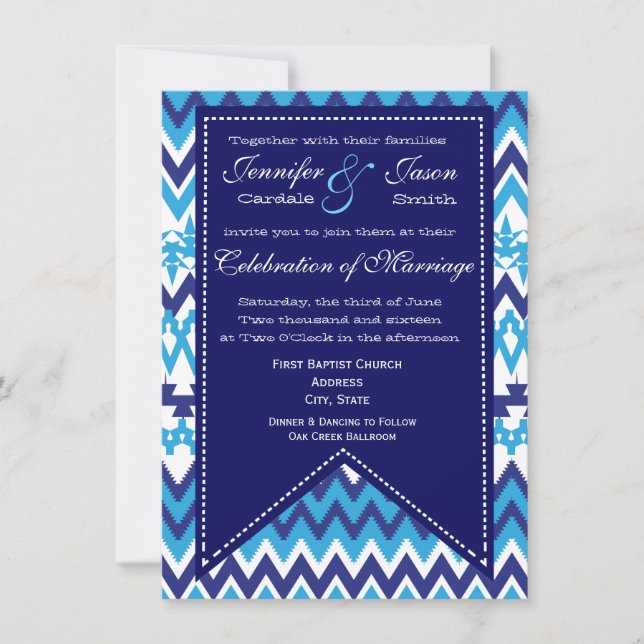 Invitaciones a la boda de Chevron Azul audaz (Anverso)