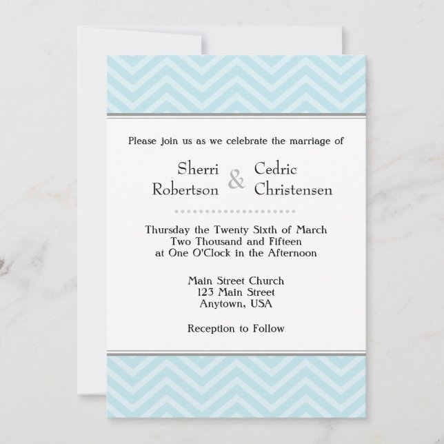 Invitaciones a la boda de Chevron Azul Polvo (Anverso)