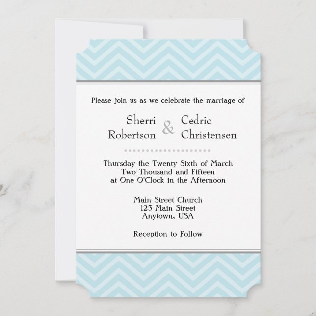 Invitaciones a la boda de Chevron Azul Polvo (Anverso)