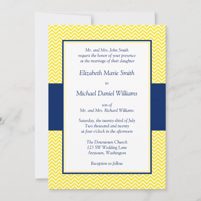Invitaciones a la boda de Chevron Azul y Amarillo (Anverso)