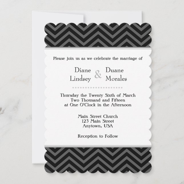 Invitaciones a la boda de Chevron Blanco Gris Negr (Anverso)