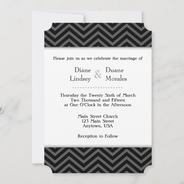 Invitaciones a la boda de Chevron Blanco Gris Negr (Anverso)