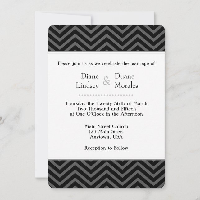 Invitaciones a la boda de Chevron Blanco Gris Negr (Anverso)