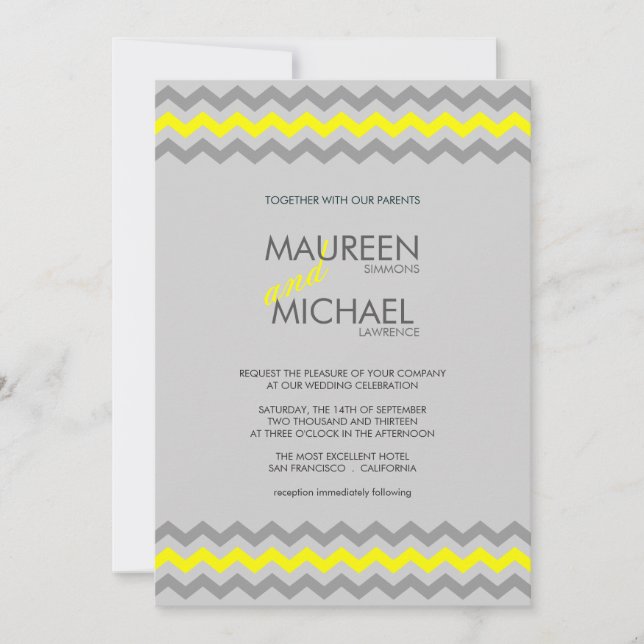 Invitaciones a la boda de Chevron gris y amarillo (Anverso)
