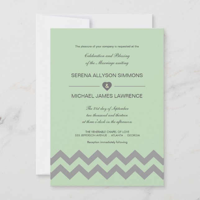Invitaciones a la boda de Chevron verde y gris de  (Anverso)