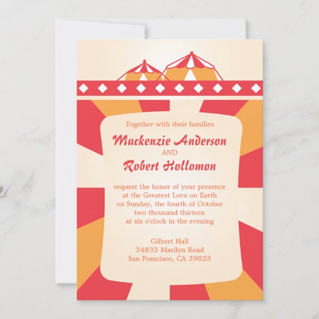 Invitaciones a la boda de circo - Rojo y Naranja (Anverso)