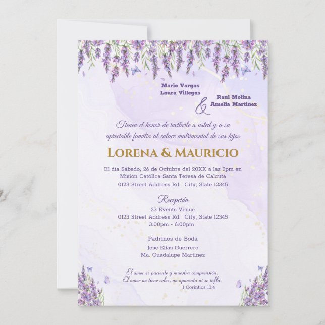Invitaciones a la boda de color morado (Anverso)